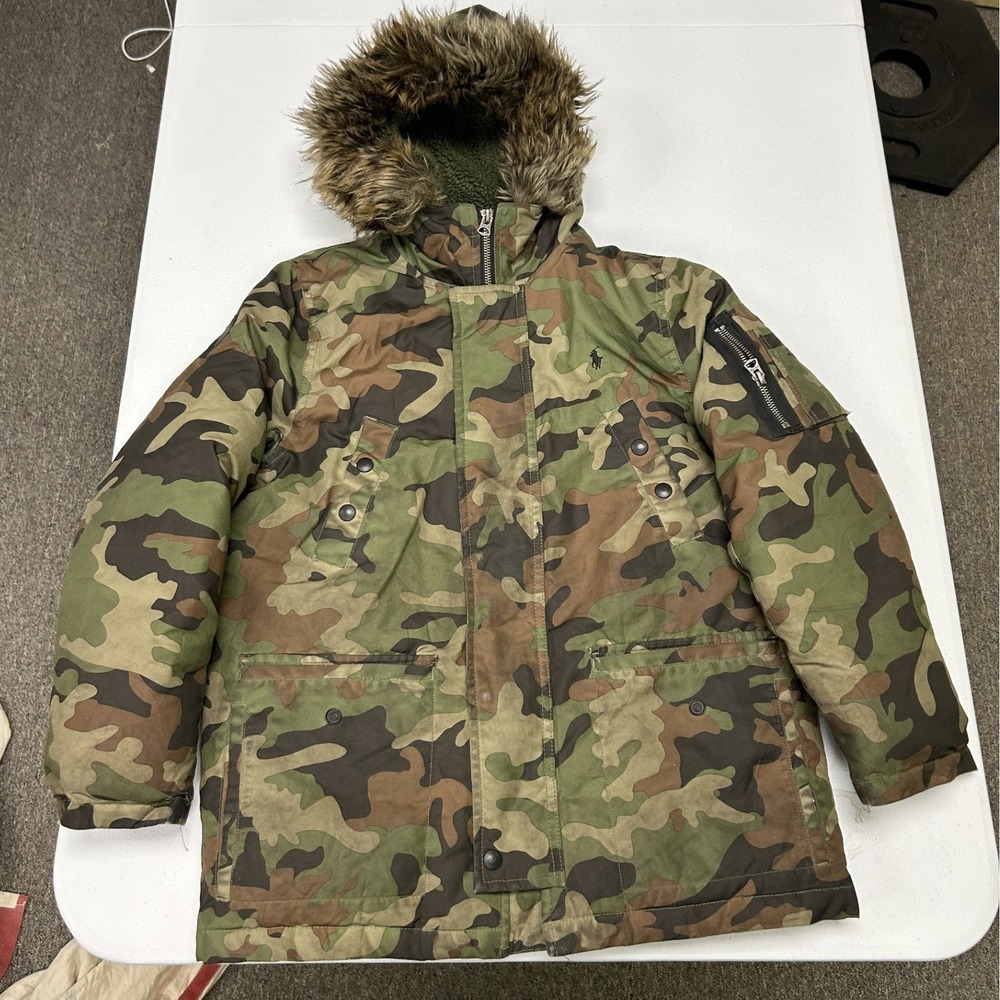 Polo Ralph Lauren Parka Jacket Boys Size M 10-12 Green Camo Faux Fur Hood